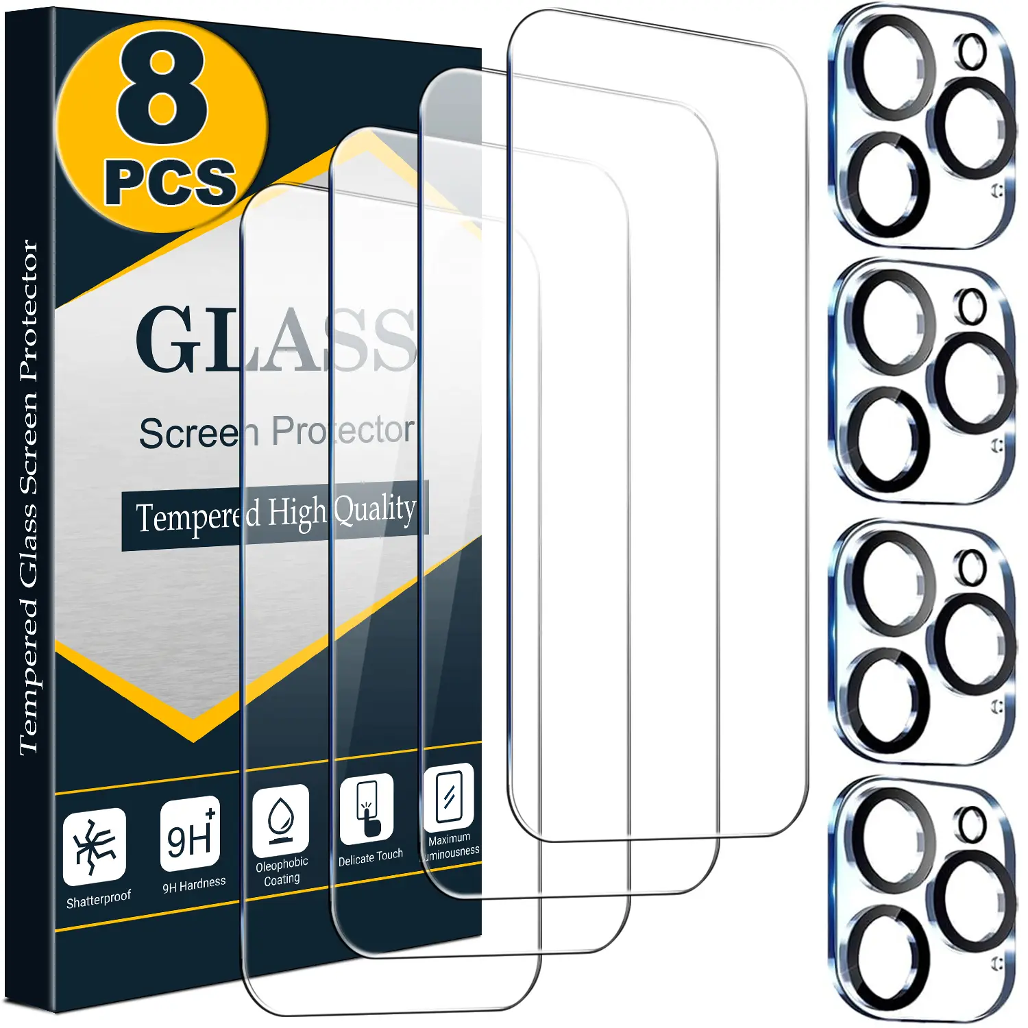 [8 Pcs Set] 4 Screen Protectors + 4 Camera Lens Protectors for iPhone 17 16 15 14 13 12 11 Pro Max, HD Tempered Glass Film, 9H Hardness, Bubble Free, Case Friendly