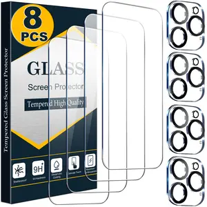 [8 Pcs Set] 4 Screen Protectors + 4 Camera Lens Protectors for iPhone 17 16 15 14 13 12 11 Pro Max, HD Tempered Glass Film, 9H Hardness, Bubble Free, Case Friendly