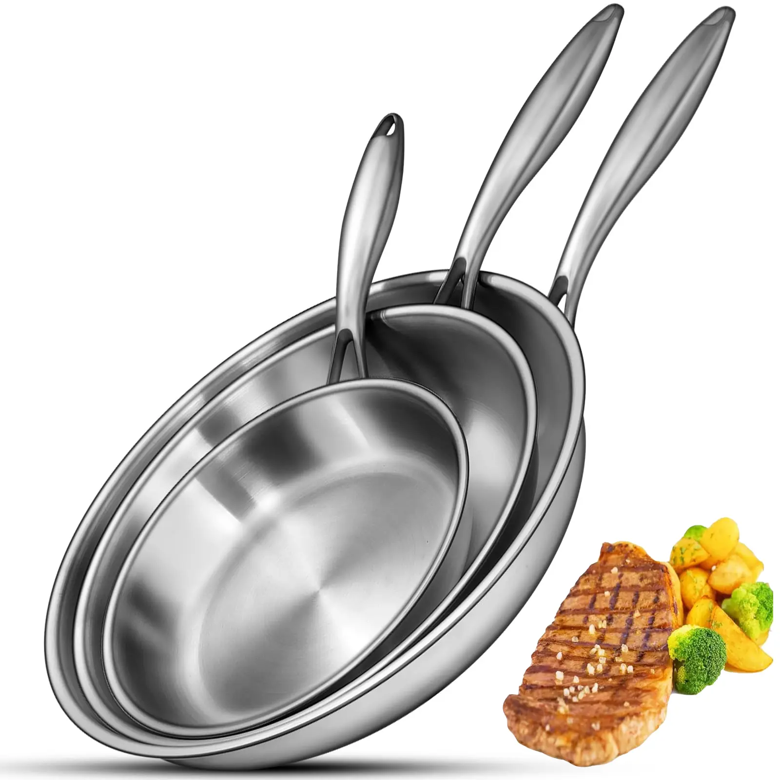 Tri-Ply Stainless Steel Frying Pans Set, 8”/10”/12” Cooking pans, PFOA&PTFE Free Skillet, Induction Cooking Pan, Dishwasher and Oven Safe, Fast & Even Heat, Heavy Duty and Detachable Handle