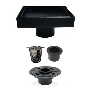 5 Inch Tile Insert Square Black Shower Drain with Hair Trap and Base Flange