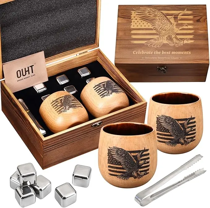 physkoa Solid White Oak Charred Wooden Whiskey Glass Set, Handcrafted Engraved Durable Old Fashioned Bourbon Tumblers, Stain-Resistant Unbreakable Rustic Drinkware for Adults, Outdoor Camping Gifts, Hand Wash Recommended