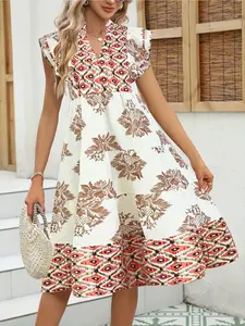 Plus Size V Neck Flutter Sleeve Maxi Dress, Ethnic Print, Floral, Tiered Flowy Vacation Dress, Casual Wear, Bohemian, Summer