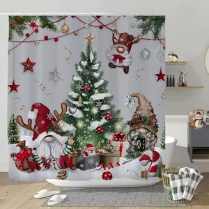 Christmas Gnome Design Water-Resistant Polyester Fabric Bathroom Curtains, Xmas Tree Ball & Gift Box Motif, Festive Seasonal Decoration, Waterproof Shower Curtain