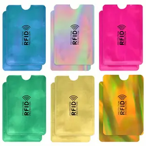 12-pack brightly colored RFID-blocking credit card sleeves - durable PET anti-demagnetization protector, iridescent holographic design, with easy-to-access cutouts, available in multiple colors