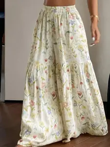 French Floral Patchwork Wide Leg Pants for Women, High Waist Elastic Waist Flowy Floor-Length Pants, Summer Vacation Casual Long Pants