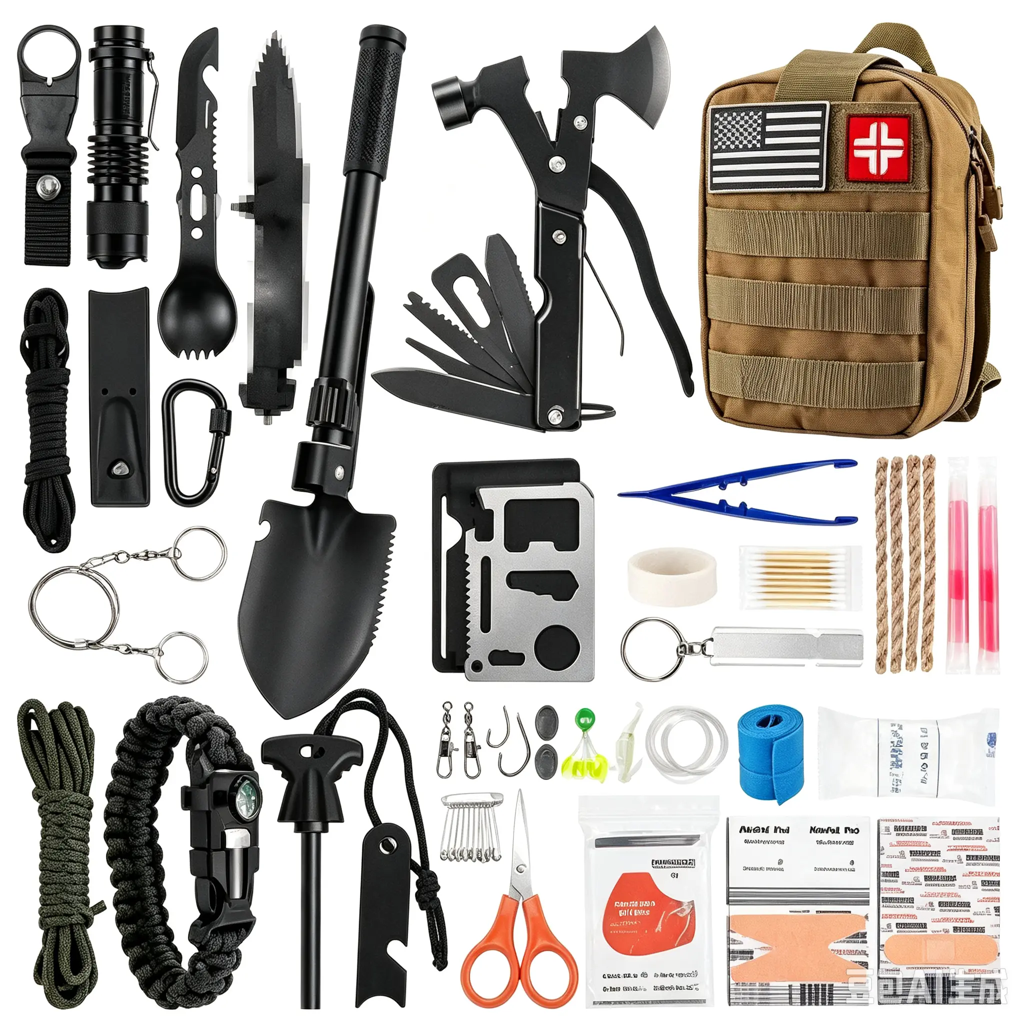 Tactical Survival Kit with Multi-Tool, Knife, Axe, and First Aid Essentials for Outdoor Adventures