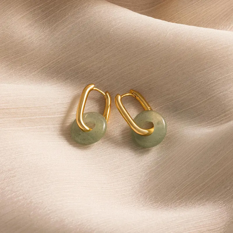 Jade Link Hoops by Caitlyn Minimalist -  Green Gemstone Dangle Earrings - Geometric Hoop Earrings for Women - Statement Jewelry - Gift for Her