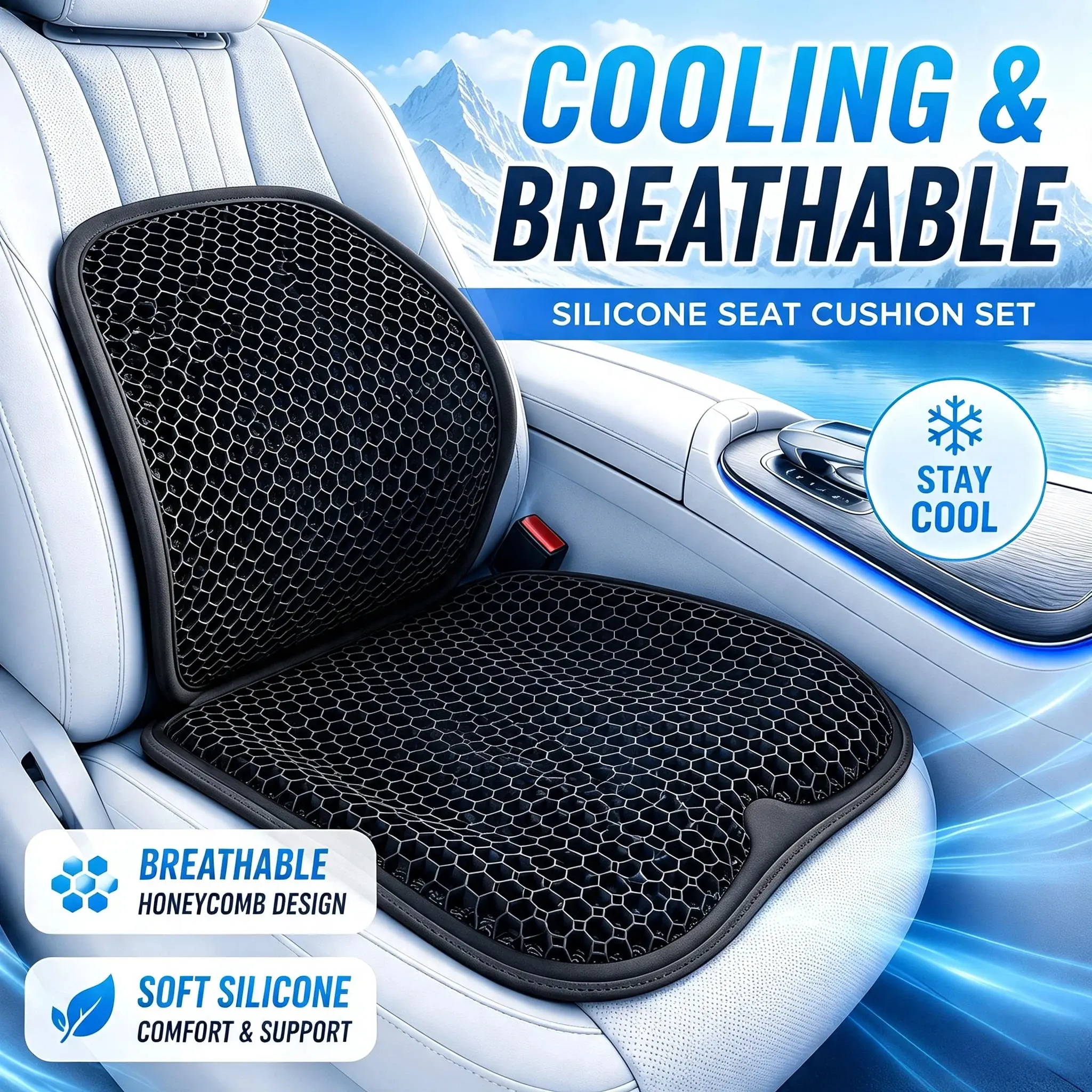 Honeycomb Airflow Silicone Hexagonal Gel Car Lumbar Support & Cooling Seat Cushions - Automotive Interior Accessories, Breathable, Waterproof, Quick-Dry, Sweat-Absorbent for Car, Office Use