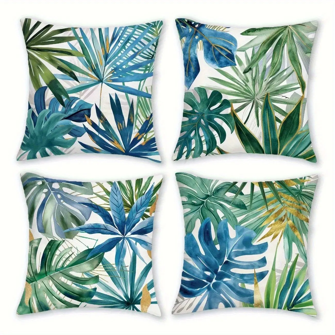 4pcs-Tropical Plant Themed Throw Pillow Covers, Exotic Palm Leaves And Plant Decoration, Suitable for Sofa, Couch Cushion Covers, Living Room, Outdoor, Farmhouse Style, 2D Flat, Single Sided Printing, No Pillow Core