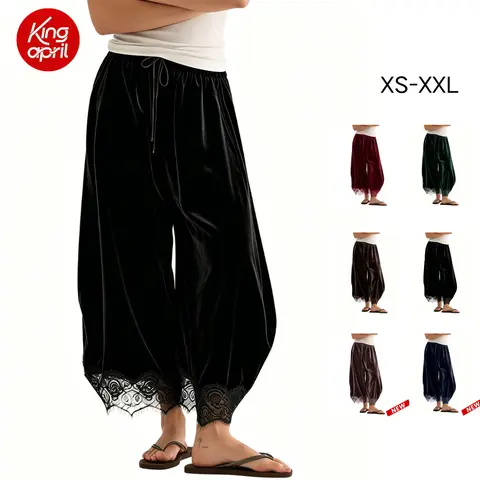Kingapril Women's Basic Smooth Super Soft Lace Trim Loose Cropped Wide Leg Pants - Adjustable, Elastic Drawstring Waist, Pockets, Breathable Fabric for Casual Chic Wear