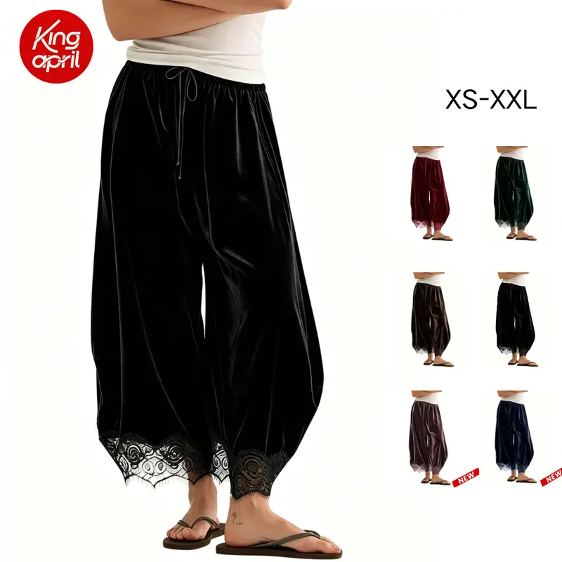 Kingapril Women's Basic Smooth Super Soft Lace Trim Loose Cropped Wide Leg Pants - Adjustable, Elastic Drawstring Waist, Pockets, Breathable Fabric for Casual Chic Wear