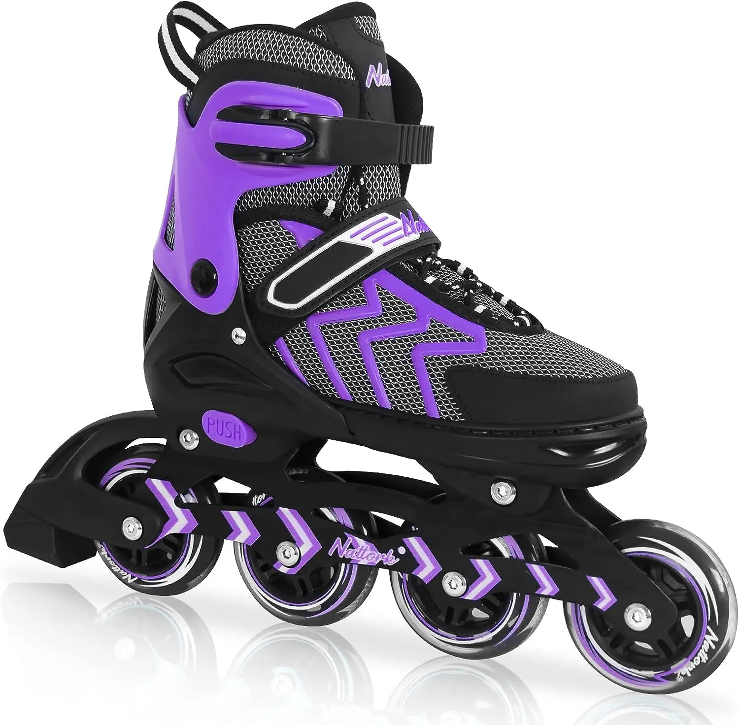 Nattork Adjustable Inline Skates - Model 781, Purple, Outdoors Use, Mesh Design, Ankle Safety, 4 Size Changes, Wheel Adjust, High-Precision ABEC-7 Bearings, Buckle Closure, Adjustable Double-Size Wheels, Experienced Skaters, Multi-Sizes