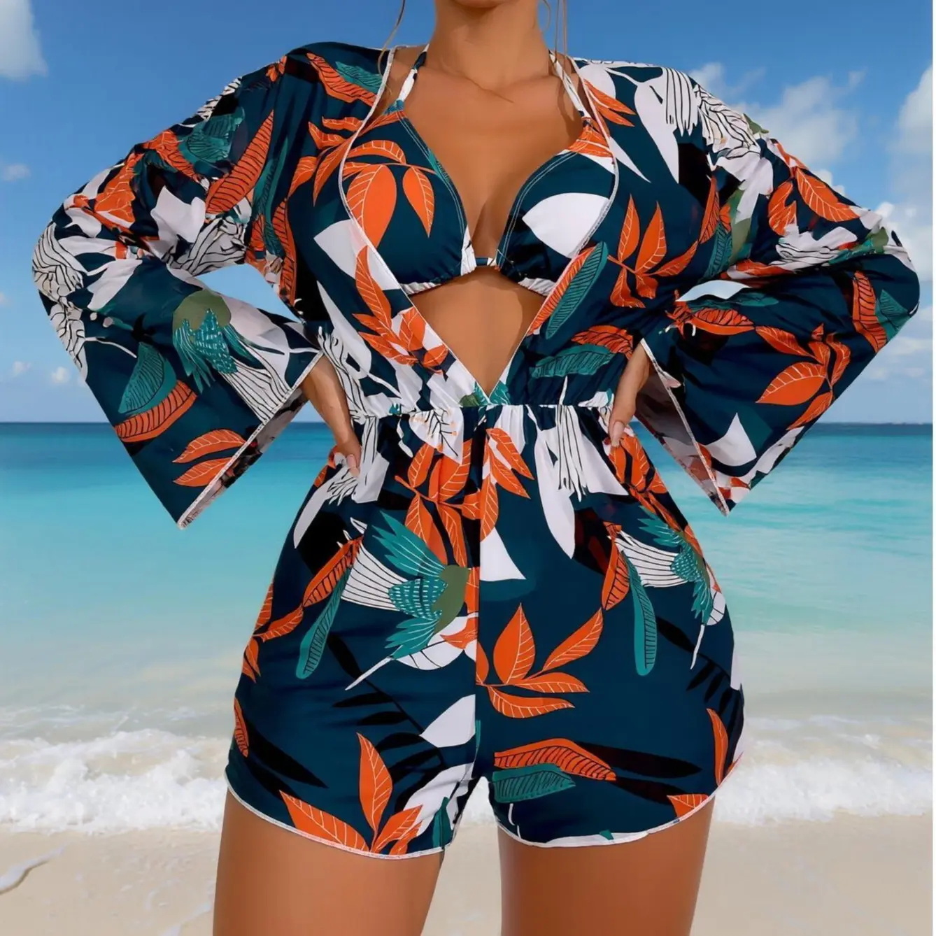 Women's Bohemian Tropical Leaf Print 2-Piece Bikini Outfits - Spaghetti Strap Triangle Bikini with Long-Sleeve 1-Piece Cover-Up, Ideal for Beach Vacation, Pool Party