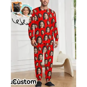 Custom Face Photo Men's Pajama Set - Comfy Long Sleeve Crew Neck Top & Pants, Personalized Sleepwear for Husband, Dad, Boyfriend - Perfect Christmas or Birthday Gift, Autumn Winter, Home Wear