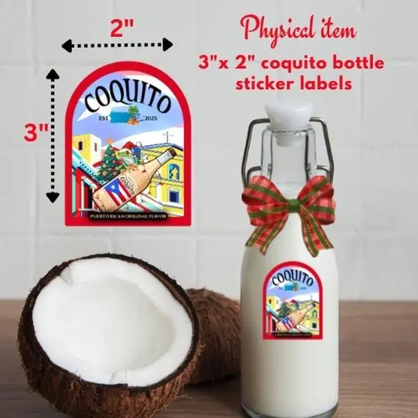 Coquito Brand 3x2 Coquito Bottle Labels Stickers 2x3 Inch Festive Design for Holiday Sales or Gifts 12 Stickers Per Order Ideal for Bottle Decor