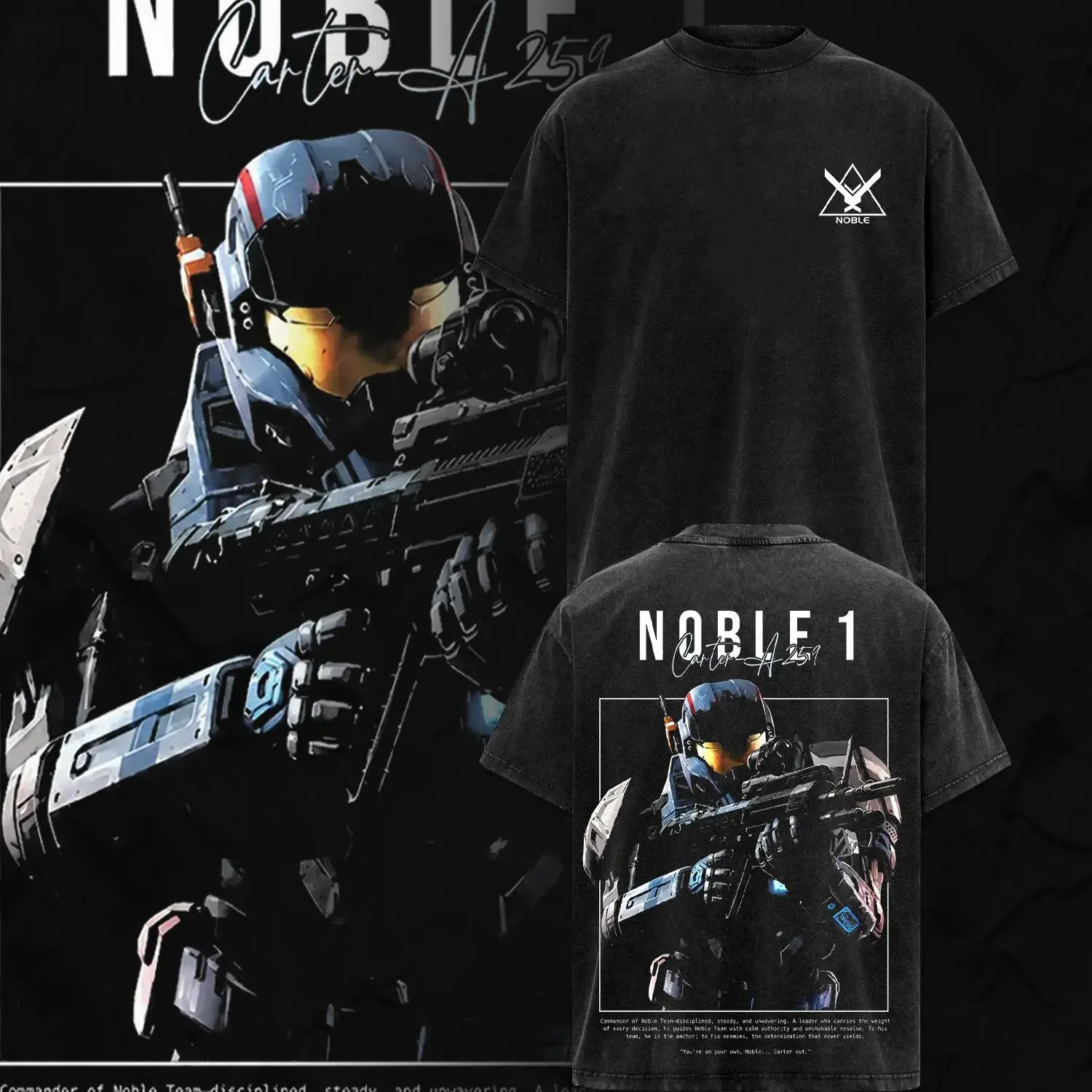 [Collection] Noble Team V2 - Halo Reach Double Printed Oversize Lightweight Acid Washed Tee Game Graphic T-Shirt for Men Casual Day Wear Cotton Fabric - Jeans Vintage Gaming Retro Black Tee Oversized Heavyweight Cotton T-Shirts Love Menswear