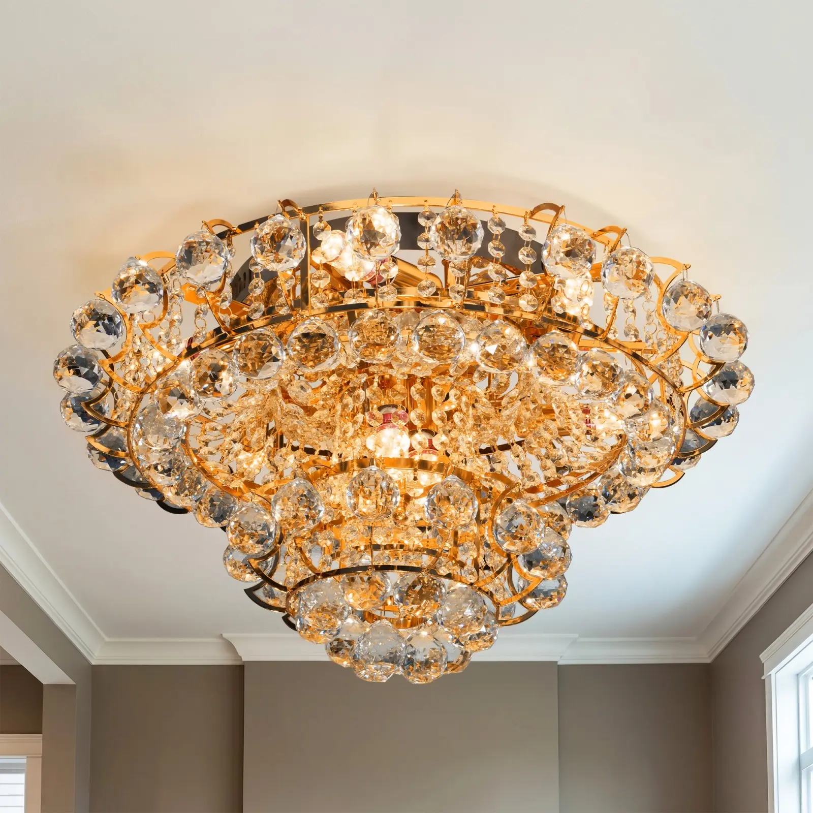 24 Inch Gold 2 Tier Chandelier, Crystal Flush Mount Ceiling Light, E14 8 Light Crystal Ceiling Fixture With Remote And Wall Control For Living Room Dining Room Bedroom Kitchen