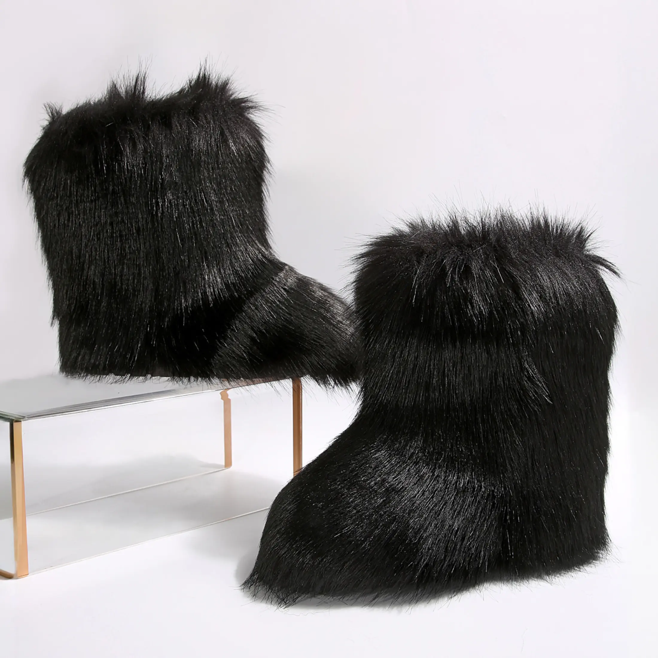 Women's Winter Furry Snow Boots Fuzzy Fluffy Round Toe Suede Booties Flat Heel Slip On Outdoor Indoor Shoes Fashion Warm Fluffy Shoes