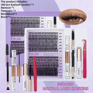 Large Capacity Eyelash Extension Kit 30D/40D 9-16mm 280pcs, DIY Lash Clusters, Includes Glue, Tweezers, Remover, Brush, Reusable