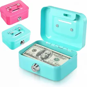 2 Pcs Money Box Cash Box with Lock and Slot, Small Cash Box with Key Lock, Portable Metal Money Box, Money Organizer Piggy Bank Metal Coin Bank Gifts for Christmas Xmas New Year (Pink & Green)