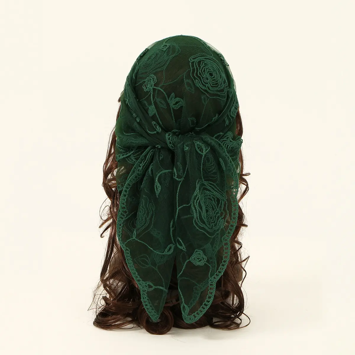 Vintage Rose Embroidered Scarf, Sheer Green Lace Fashion Headscarf for Women, Cottagecore Bandana for Daily Party Wear, Floral Embroidered Scarf, Embroidery, Bandana Head Wrap, Female, Sheer Lace, Rose Embroidery, Accessories