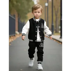 European And American Boys' Autumn And Winter Baseball Jacket with Letter A Print + Letter A Print Long Pants Two-Piece Set, for Outdoor