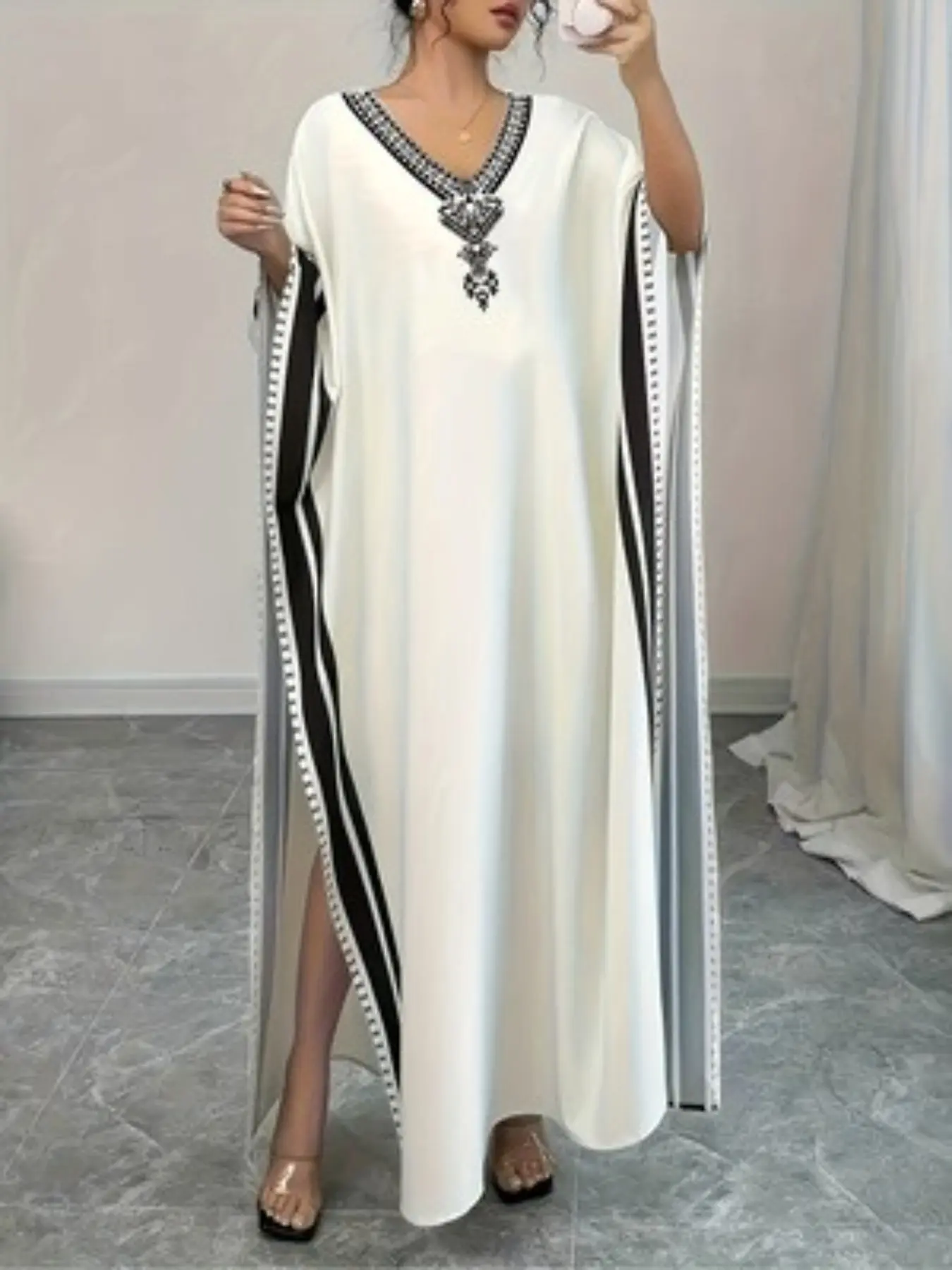 Print Long Robe Dress V Neck Arabic Dress Caftan Beach Cover Up Women's Long Robe, Loose-Fitting Plain Surface All Seasons Arabic Kaftan Beach Kaftans