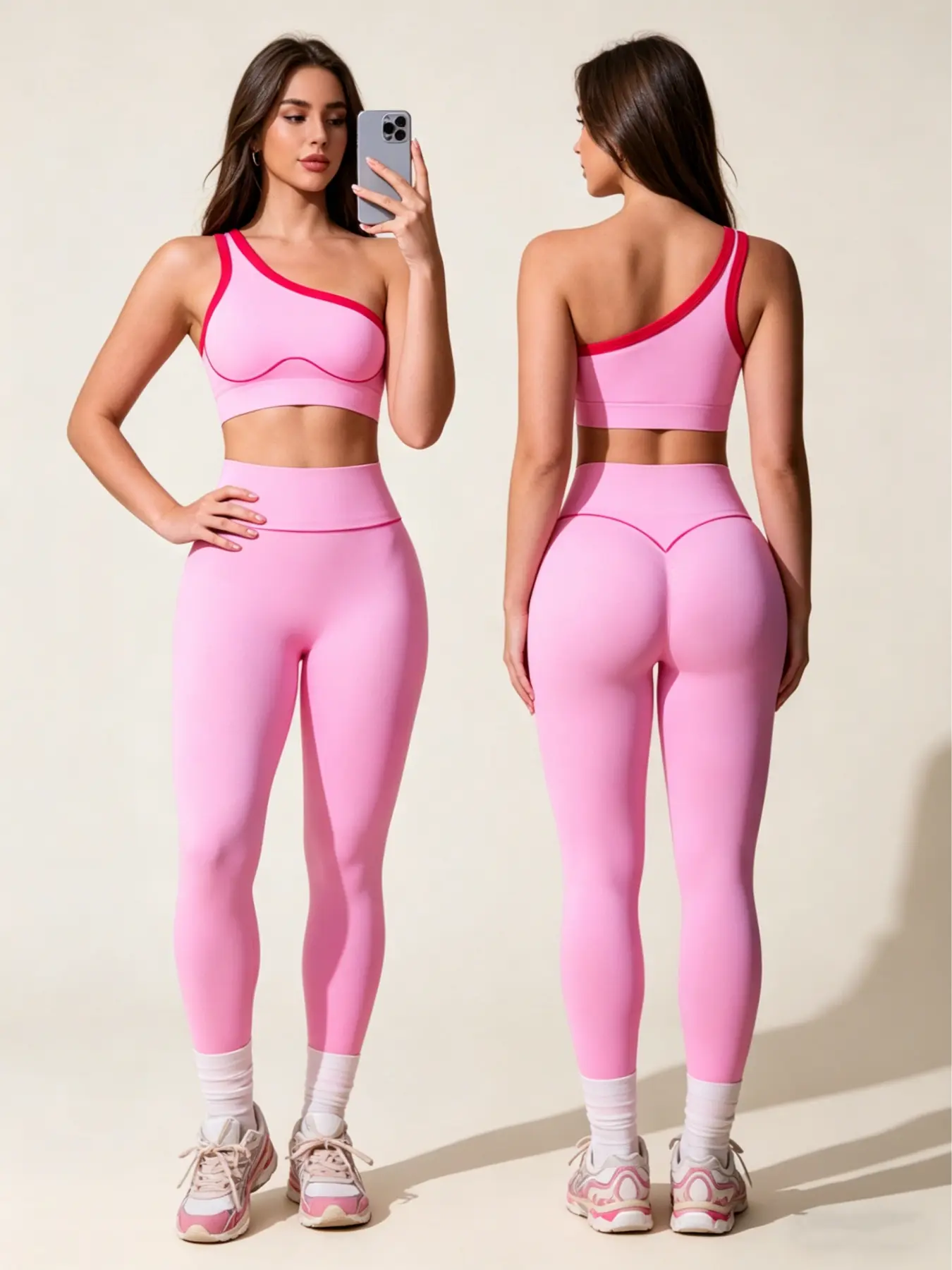 Women's Fashion Outdoor Pilates Sport Set, High-Stretch Knitted Yoga One-Shoulder Bra Top and Long Pants, for Gym & Running