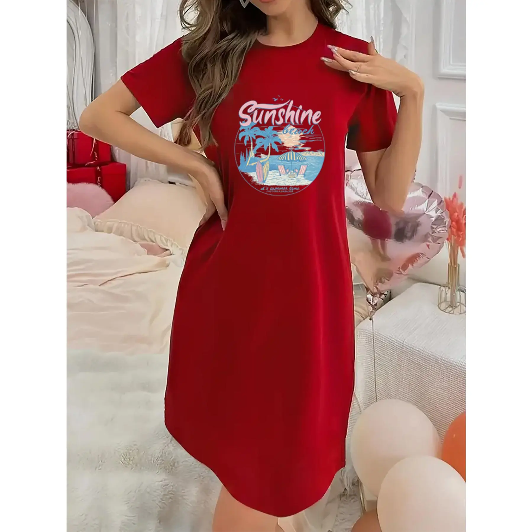 Soft Micro Stretch Women's Lingerie Sunshine beach Printed Short Sleeve Round Neck Nightgown Sexy Elegant Young Style Women's Valentine's Day Dress Mother's Day Christmas Thanksgiving New Year Gift Ideas