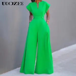 UOOZEE Jumpsuits For Women Wide Leg Rompers,V Neck Sleeveless Casual High Waisted Jumpers With Pockects,women's solid color jumpsuit, waist cinched wide leg V-neck half sleeved jumpsuit (size smaller)