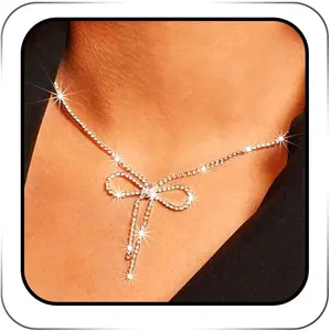 Rhinestone Bow Pendant Necklace Jewelry Silver Crystal Bowknot Choker Necklace Chain Dainty Tennis for Women