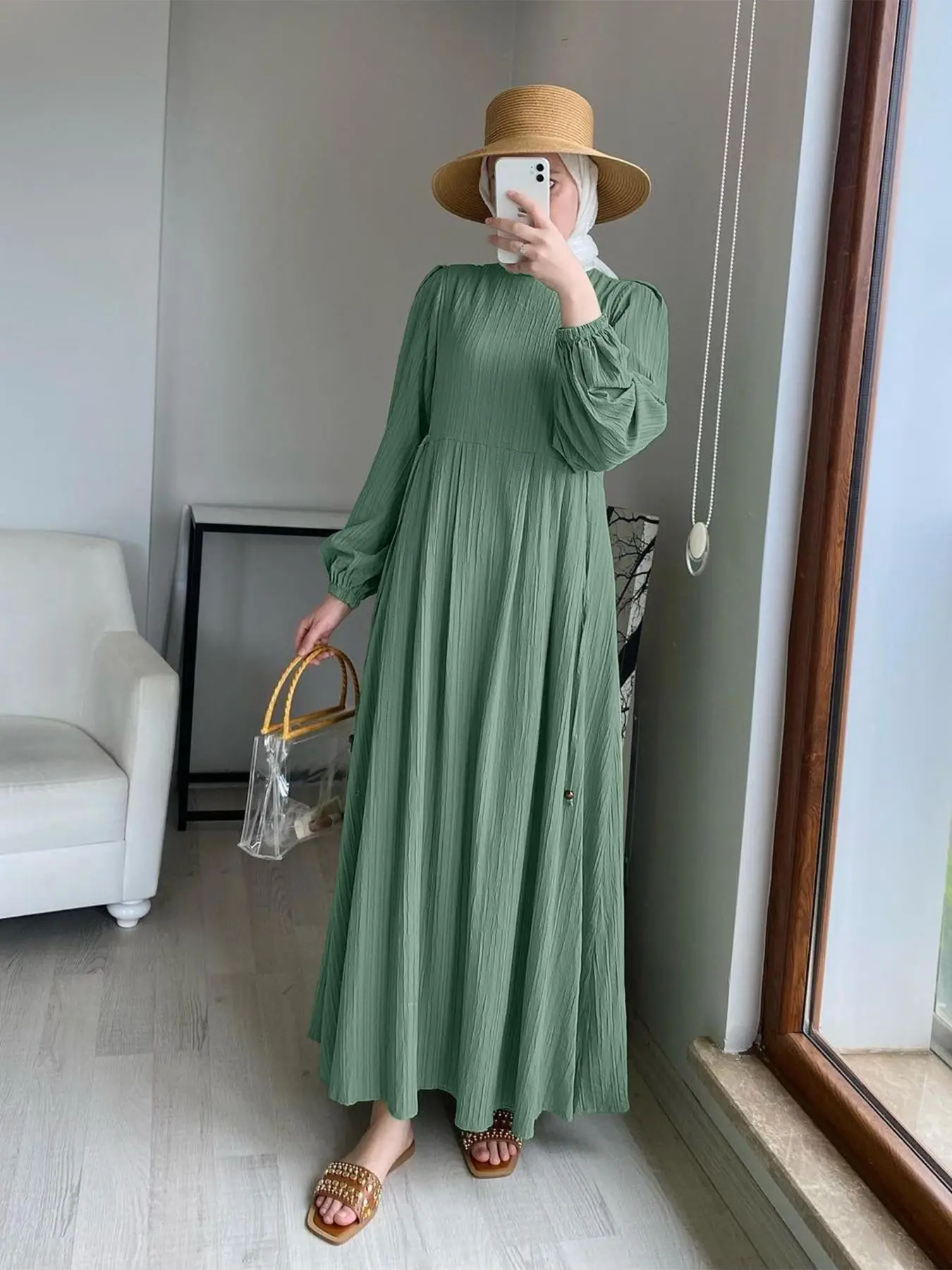 Arabic Clothing-Solid Bishop Sleeve Round Neck A Line Dress, Casual Long Sleeve Dress for Daily Outdoor Wear, Women's Islamic Clothing for All Seasons