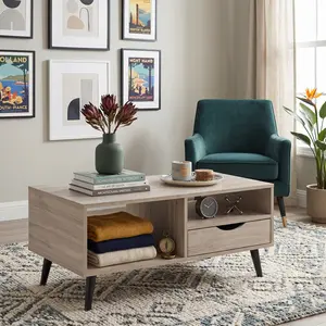 Rustic Rectangle Coffee Table with Storage Drawer and Open Shelves, Farmhouse Wooden Center Cocktail Table, Multifunctional Living Room Accent Storage Furniture for Home Household Decor