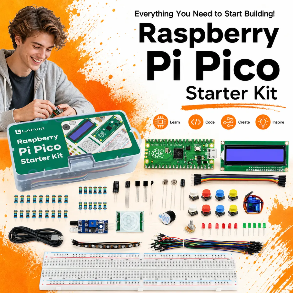 LAFVIN Raspberry Pi Pico Starter Kit with RP2040, LCD1602 Display, SG90 Servo, PIR Sensor & Breadboard – MicroPython C Piper Make STEM Electronics Learning Kit for Beginners Teens