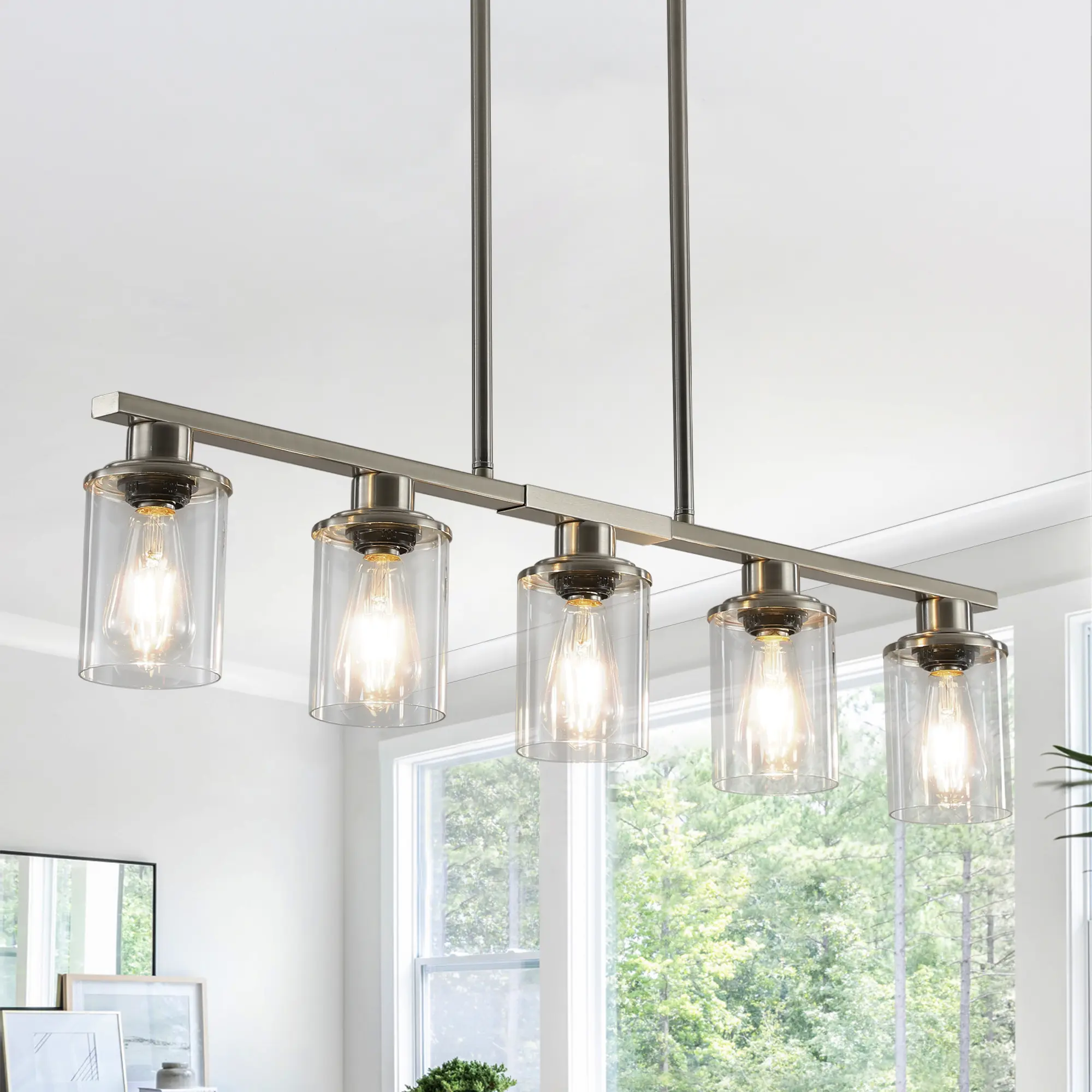 5-Light Adjustable Height Wall Sconce, Brushed Nickel Dimmable Vanity Light Fixture with E26 Base, Sloped Ceiling Compatible Wall Lamp for Bathroom Mirror Living Room Bedroom Hallway