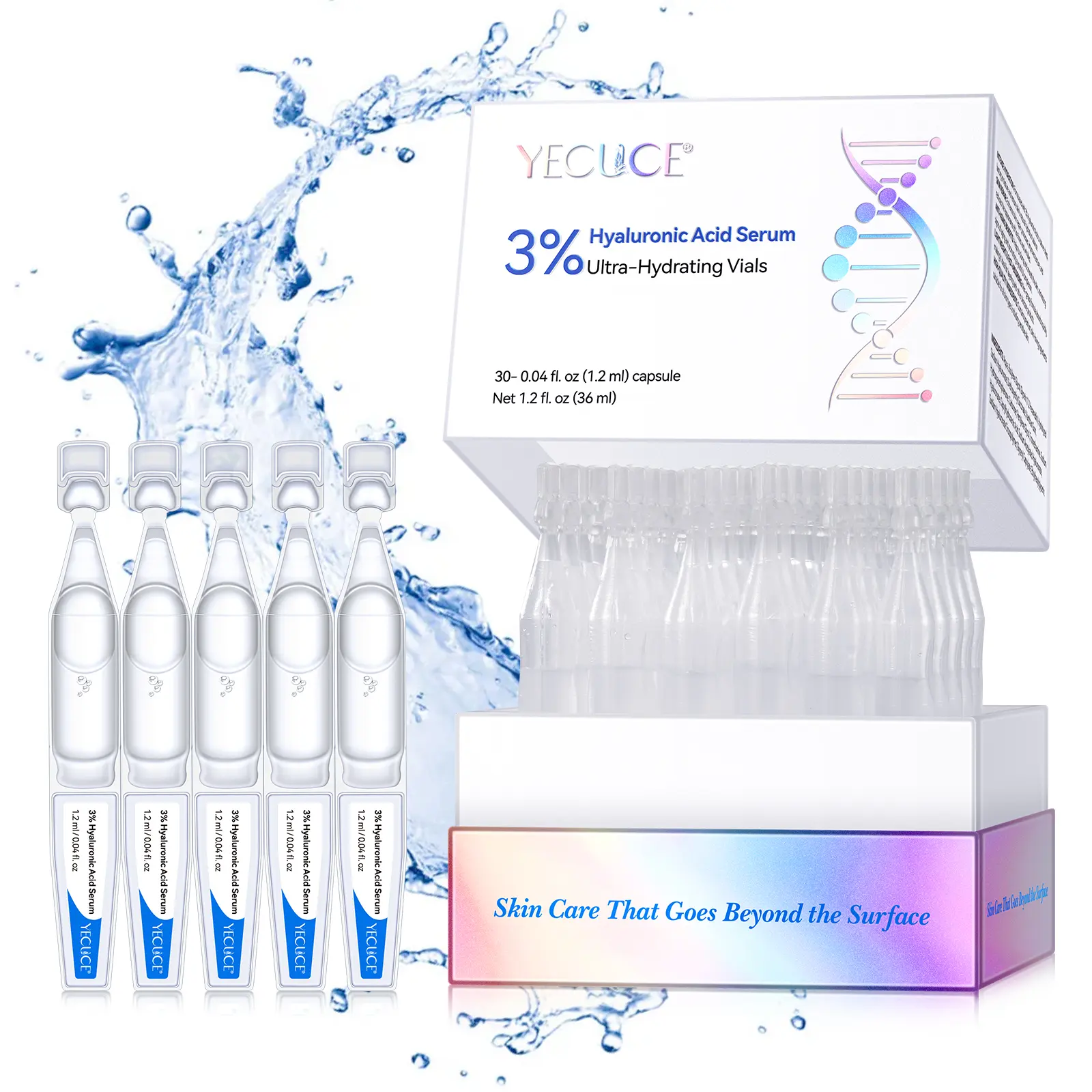 Yecuce 3% Hyaluronic Acid Facial Serum, Hydrating and Repairing Formula to Smooth Skin, Lightweight for All Skin Types in Single-Use Vials, 1.2 fl oz, Moisturizer, Hydrate, Skin Repair