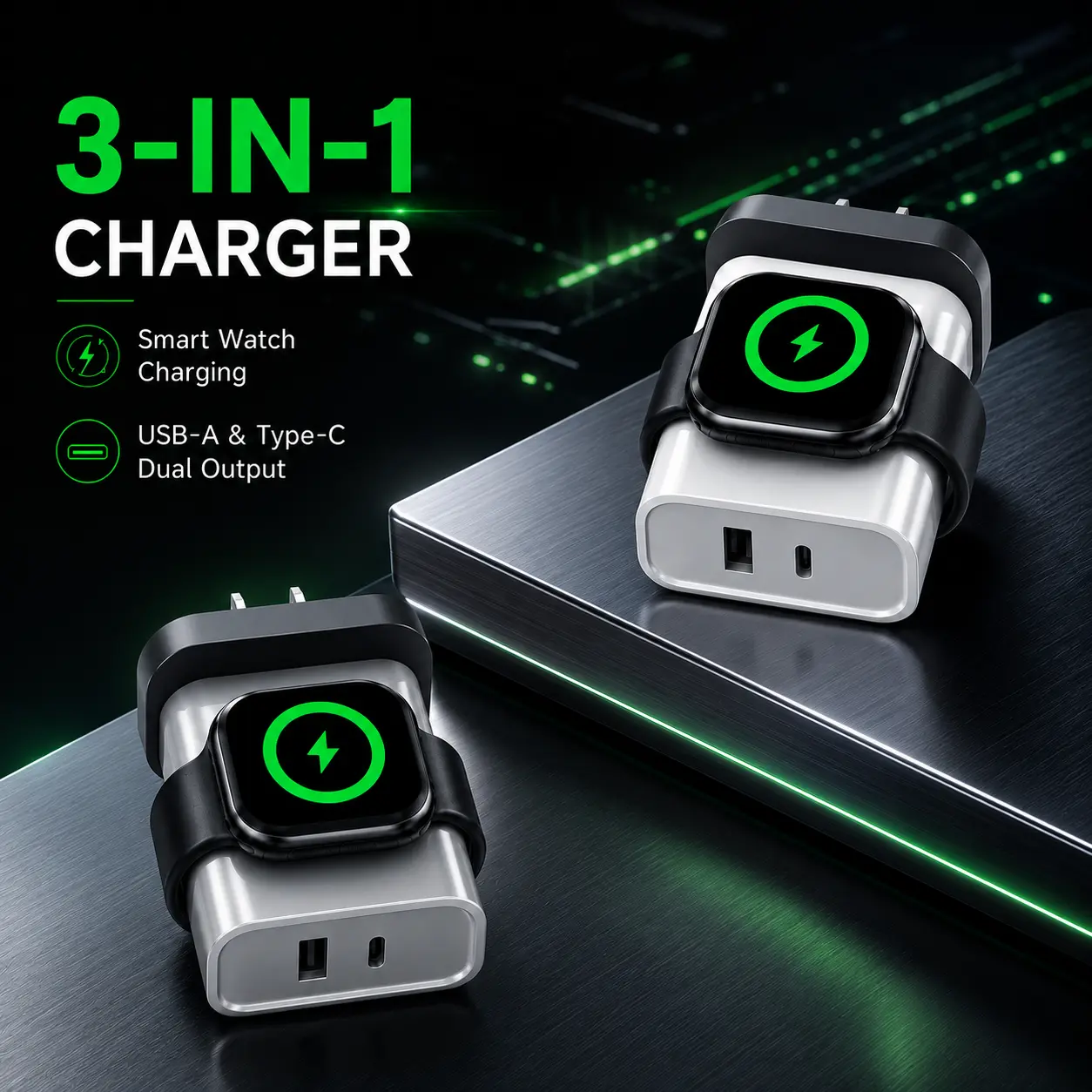 3-in-1 Fast Charger with 25W PD, USB-C & USB-A Charging Dock for Apple Watch, iPhone & More, Travel Charger