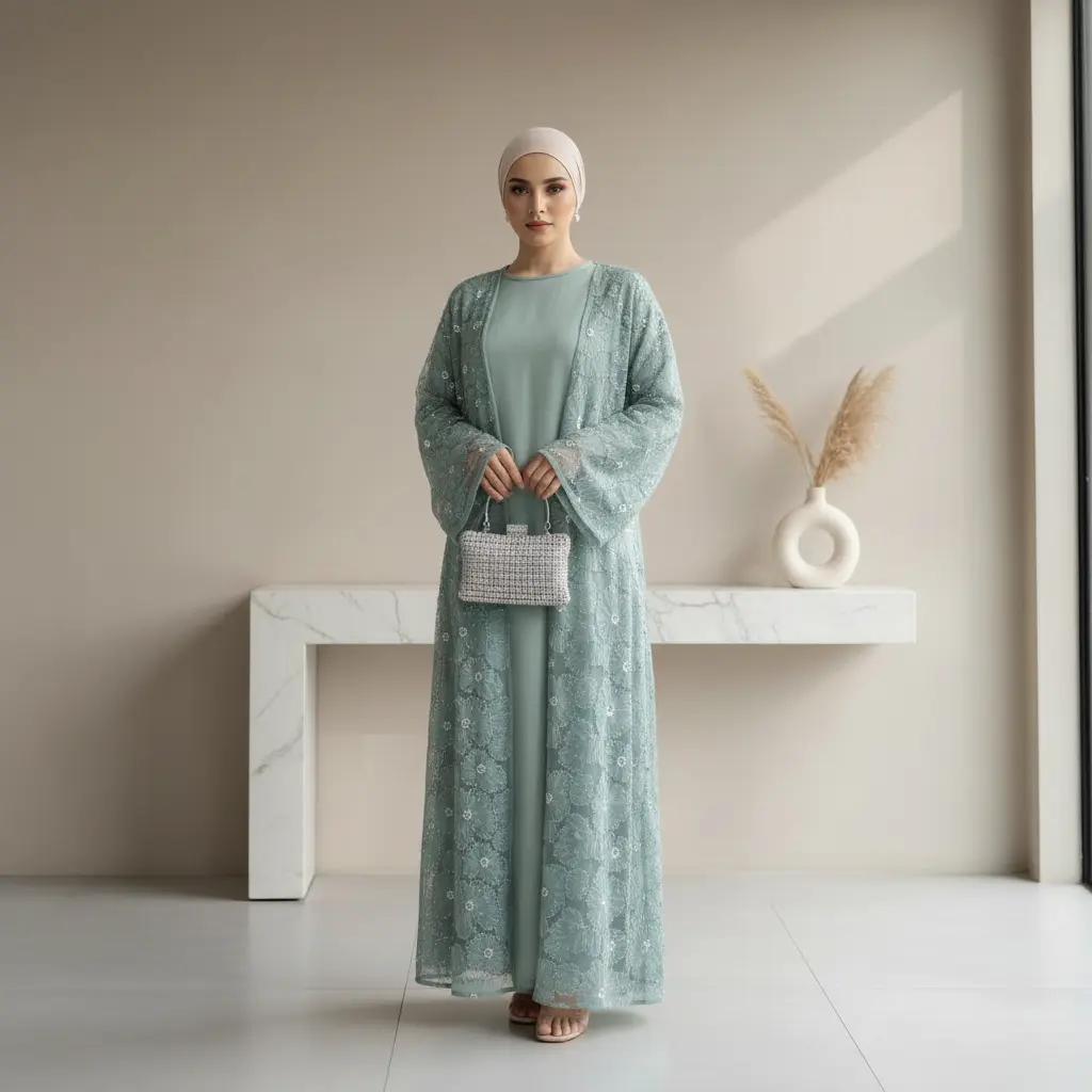 Women's Modern 2-Piece Floral Embellished Open Front Abaya Set - For Muslim Modest Clothing, Lightweight Loose, Mesh Floral Layer, Satin Inner Drape, 3D Pearl Bead Embroidery, Hijab-Friendly Fit, Elegant Wedding Guest Outfit (MOA222)