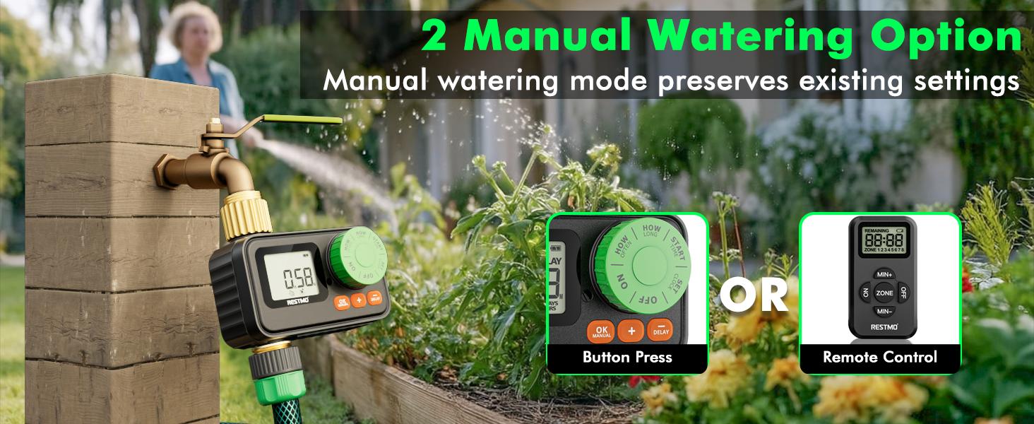 RESTMO RF Remote Controlled Sprinkler Timer with Brass Inlet & Outlet, Programmable Water Timer for Garden Hose, Automatic | Manual | Rain Delay for Outdoor Faucet, Drip Irrigation and Lawn Watering RESTMO RF Remote Controlled Sprinkler Timer with Brass Inlet & Outlet, Programmable Water Timer for Garden Hose, Automatic | Manual | Rain Delay for Outdoor Faucet, Drip Irrigation and Lawn Watering