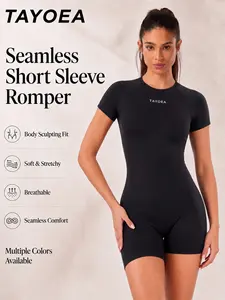 Tayoea Seamless Round Neck Tight Fit Breathable Shaping High Elastic Short Sleeve Backless Romper, Ideal for Running Yoga Fitness Cycling, Backless Sports Jumpsuit