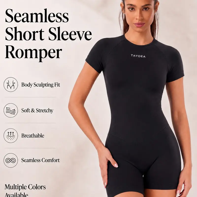 Tayoea Seamless Round Neck Tight Fit Breathable Shaping High Elastic Short Sleeve Backless Romper, Athletic Jumpsuit, Ideal for Running Yoga Fitness Cycling