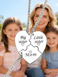 Set Of 3 Mother Sister Brother Heart Pendant Necklaces Stainless Steel Matching Family Love Jewelry Gifts