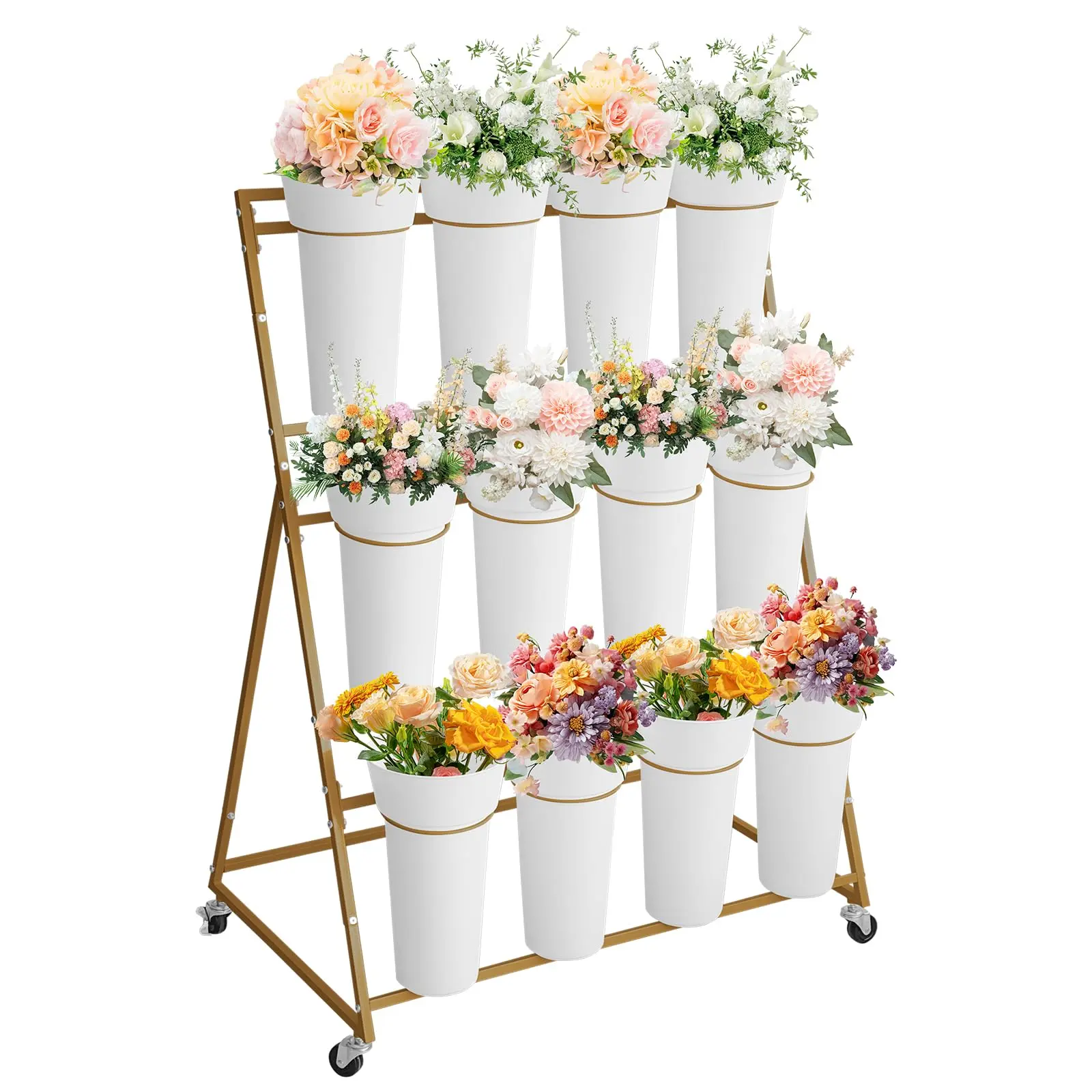 Garvee 3 Tier Flower Display Stand with 12 Round Buckets and Wheels, Gold Moving Flower Cart for Garden, Wedding, and Flower Shop Use