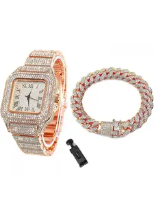 silvery,golden,Rose golden Watch with Gift Boxes, Adjusters,Cuban Bracelet,Square Dial Quartz Wristband Wrist Watch - Perfect for Men, Women, Friends, Lovers, and Parents - Ideal for Parties and Christmas Gifts