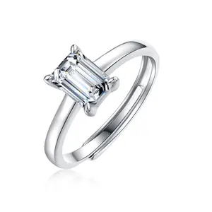 DLS Jewelry S925 Silver Emerald cut setting adjustable Moissanite ring, D color Moissanite 1 ct.