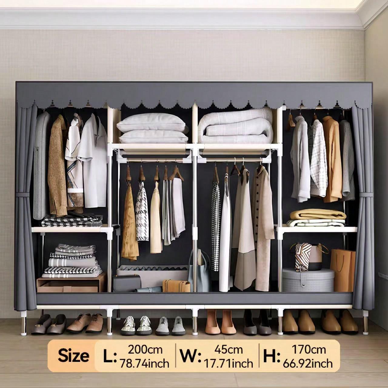 Large 78.74in Portable Closet, Dark Gray Peached Fabric Wardrobe with Curtain Doors & 16mm Steel Pipe, Sturdy Multi-Compartment Clothing Organizer for Bedroom & Dorm