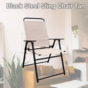 Living Accents 8026911 Black Steel Sling Chair, Tan Space-Saving Camping Furniture for Outdoor Use, Space-Saving Chairs