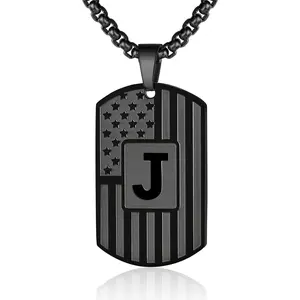 Initial A-Z Necklace for Men American Flag Dog Tag A-Z Pendant 316L Stainless Steel Chain 22+2 Inches Personalized Patriotic Jewelry for Men