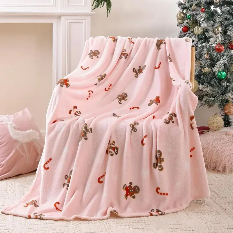 Christmas-themed pink gingerbread throw blanket for couch, soft cute fuzzy fruit fleece blankets, room home decor gifts for women and girls, 50x60 inches