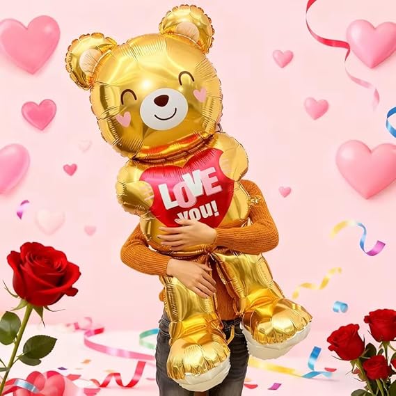 Cartoon Bear Balloons, Valentines Day Wedding Birthday Decorations Decor for Party, Galentines Day Decorations Large Bear Standing Balloon (19inch*16inch*48inch)